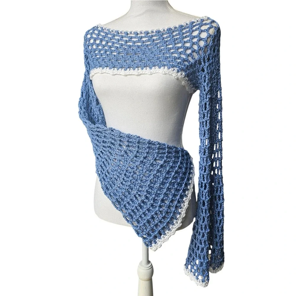 Handmade‎ Crochet Fairycore Shrug | Women | Blue | SM-MED | Boho | Bell Sleeve